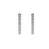 Front view of Harry Kotlar white gold hoop earrings with round diamonds framed by repeating intersecting gold lines.