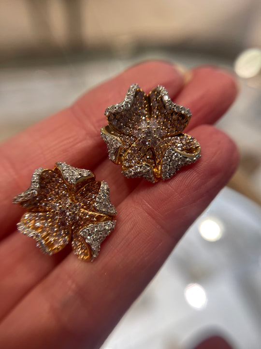 Statement Pave Purple Pink Diamond Flower Earrings