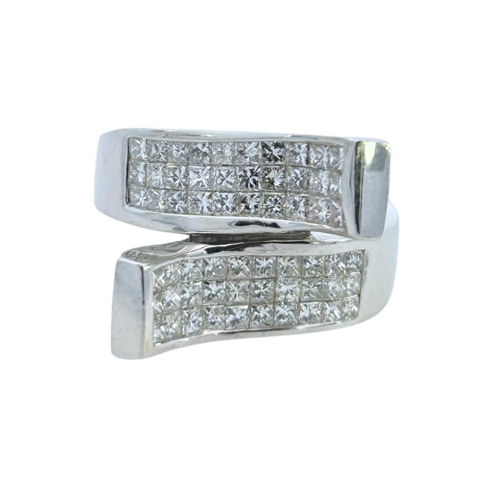 White gold bypass ring with invisible set diamond rows front view