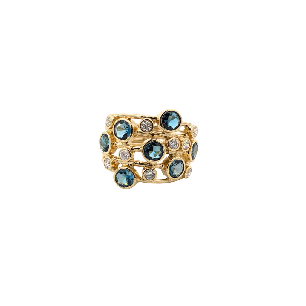 Front view of Ippolita five-wire Constellation ring with blue topaz and diamonds