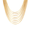 Close-up of flat woven Italian 18K gold strands on multi-strand necklace.