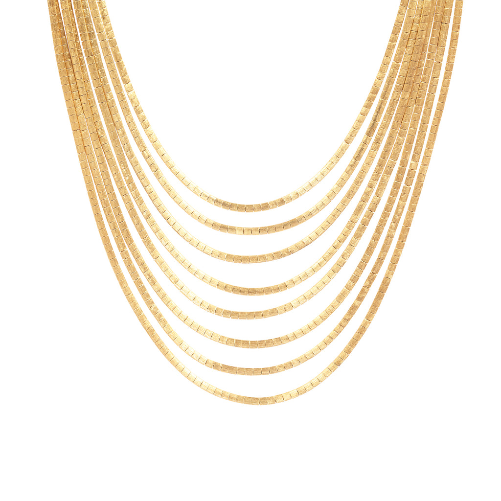 Close-up of flat woven Italian 18K gold strands on multi-strand necklace.