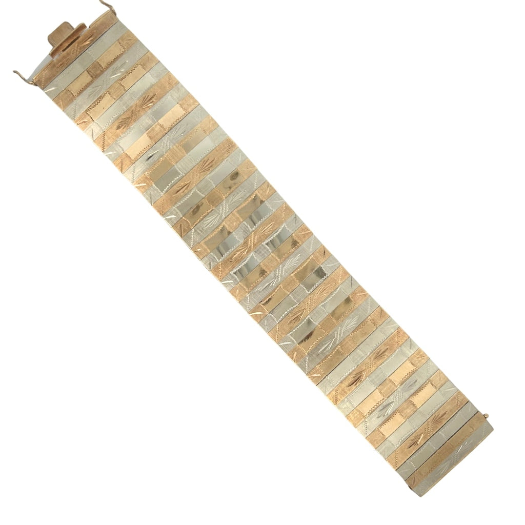 Wide Italian tri color gold bracelet with alternating rose yellow and white gold panels