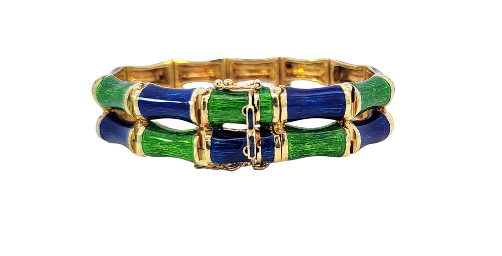 Vintage 1960s Martine bangle, double bamboo design with blue-green enamel, 16mm wide, secure closure. Back.