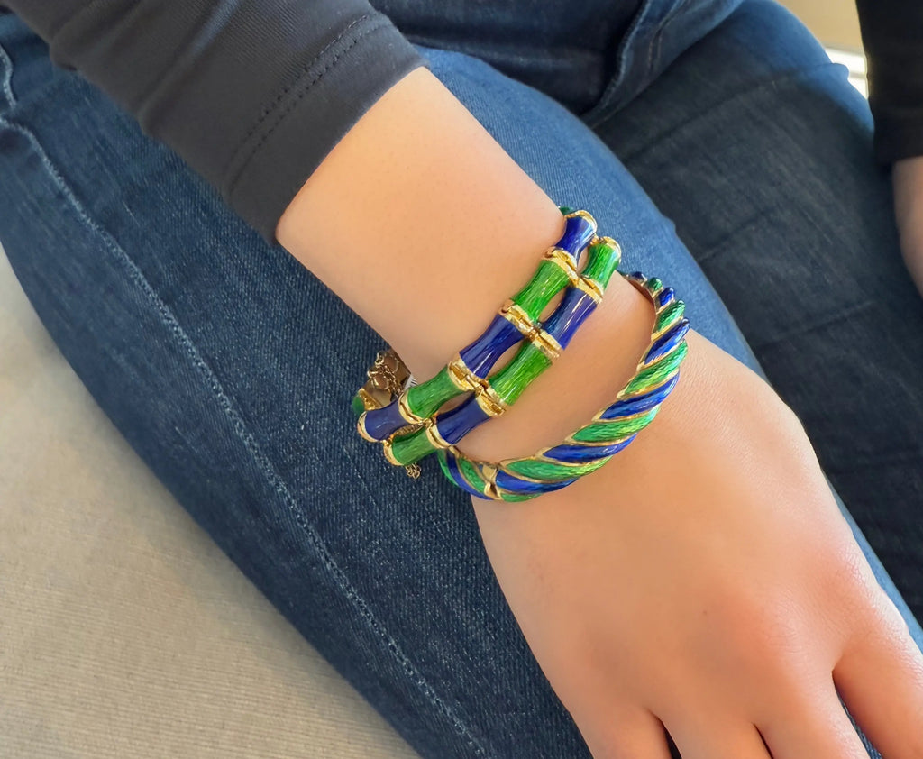 Vintage 1960s Martine bangle, double bamboo design with blue-green enamel, 16mm wide, secure closure. On model.
