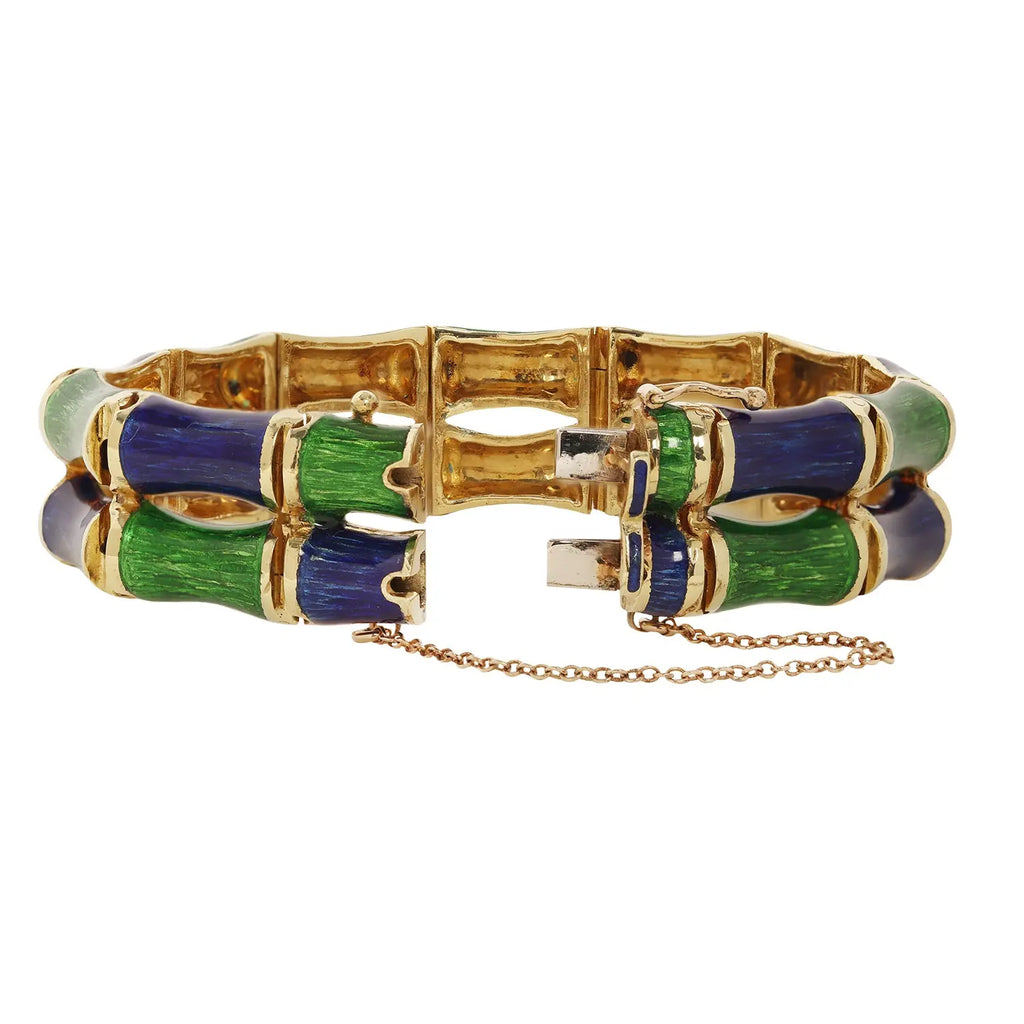 Vintage 1960s Martine bangle, double bamboo design with blue-green enamel, 16mm wide, secure closure. Open back.