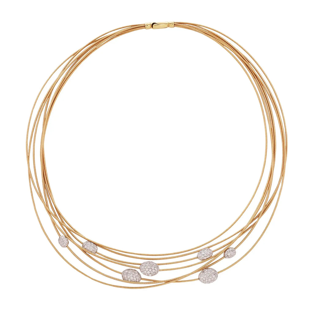 Marco Bicego 18K gold multi-strand necklace with 7 diamond pavé stations, 1.50 CTW, and a 16” shortest strand.
