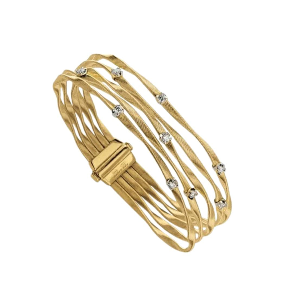 Five-strand Marco Bicego Marrakech bracelet in 18k yellow gold with scattered full-cut diamonds, front angle.
