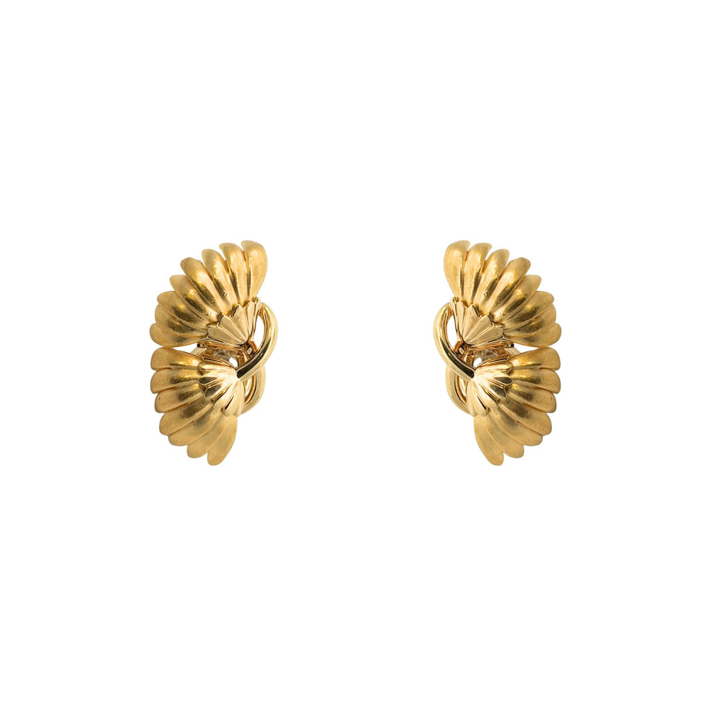 Front view of Mark Patterson 18K yellow gold lotus blossom clip earrings with layered fluted petals