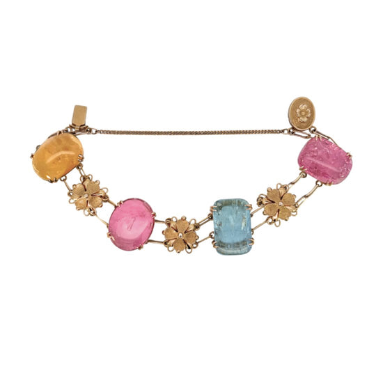 Multi Gemstone Bracelet Aquamarine Rose Quartz Yellow Beryl 18K Gold