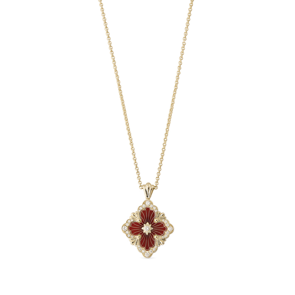 Opera Tulle Pendant in yellow gold with red enamel, featuring 0.29 carats of diamonds and a reversible design. Perfect for a luxurious, versatile look.