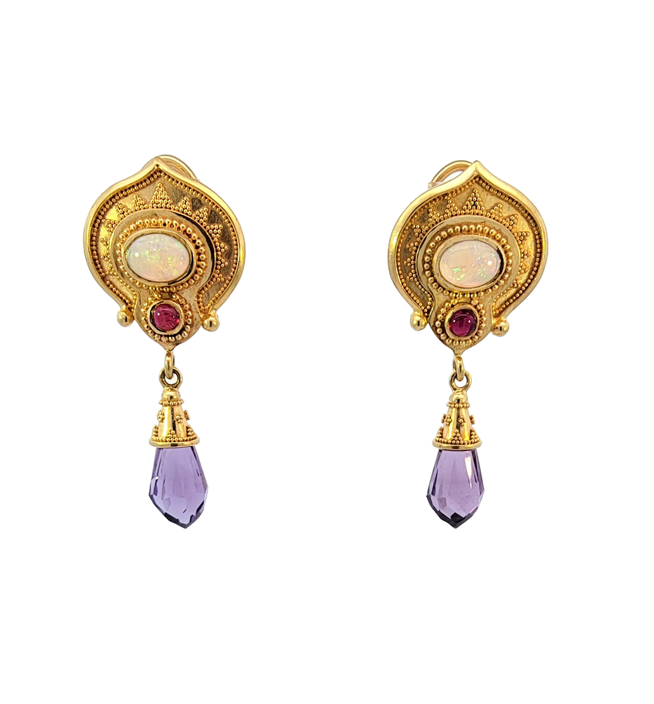 Ancient-inspired gold earrings with horizontally-set opals, round rubies and Amethyst drops. All accented by granulation. 
