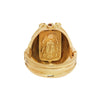 18K gold Egyptian Revival scarab ring by Opex with black opal inlay, bezel-set diamonds, and ribbed tapered shank. Cartouche view
