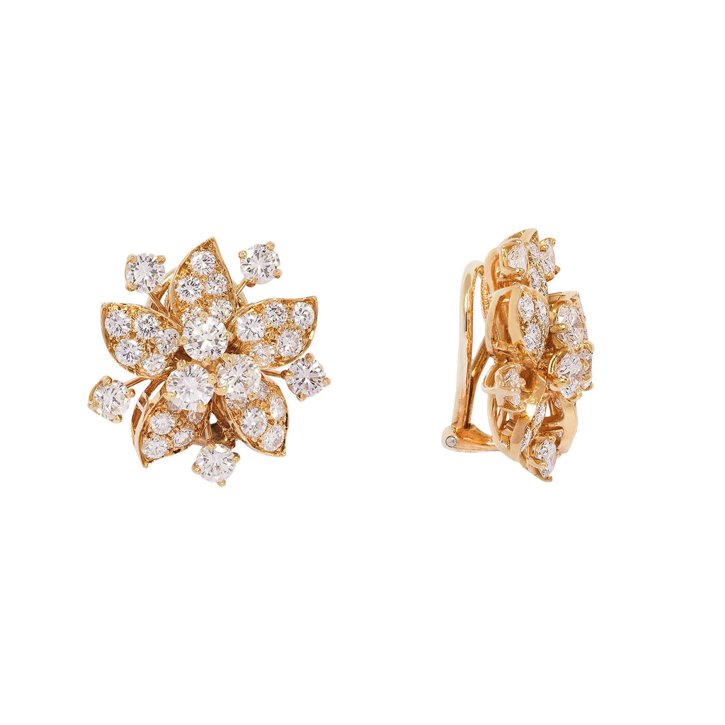 Yellow gold diamond flower earrings with side profile shown