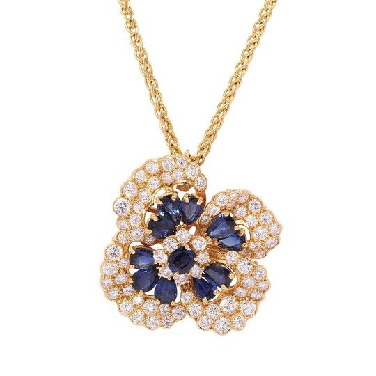 OSCAR HEYMAN 18K Yellow Gold Sapphire & Diamond Flower Brooch–Pendant (6.85 cts Sapphires, 5.40 cts Diamonds)