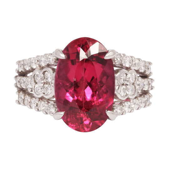 Oval Rubellite Tourmaline & Diamond Ring in Platinum