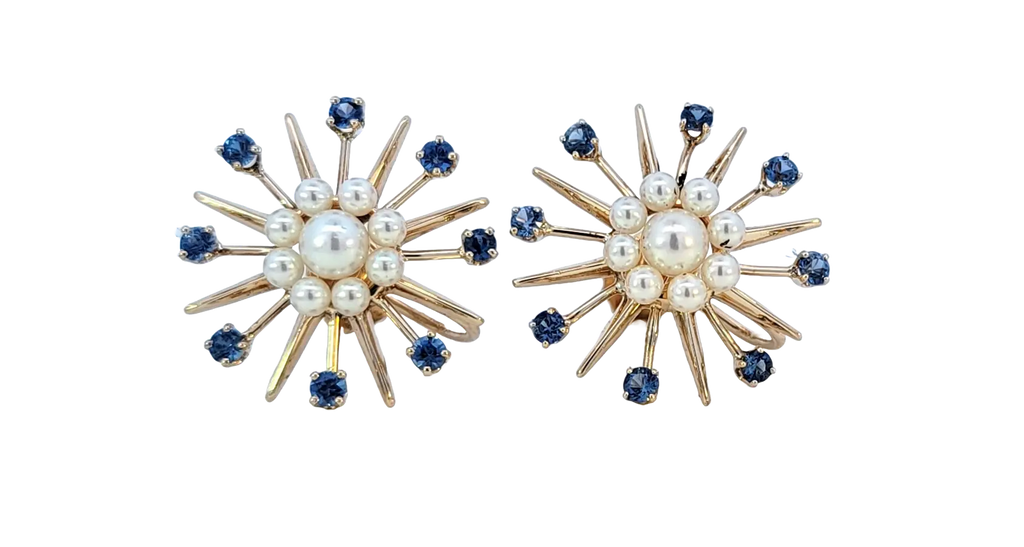 Midcentury Starburst Gold, Sapphire, and Pearl Earrings Estate Collection