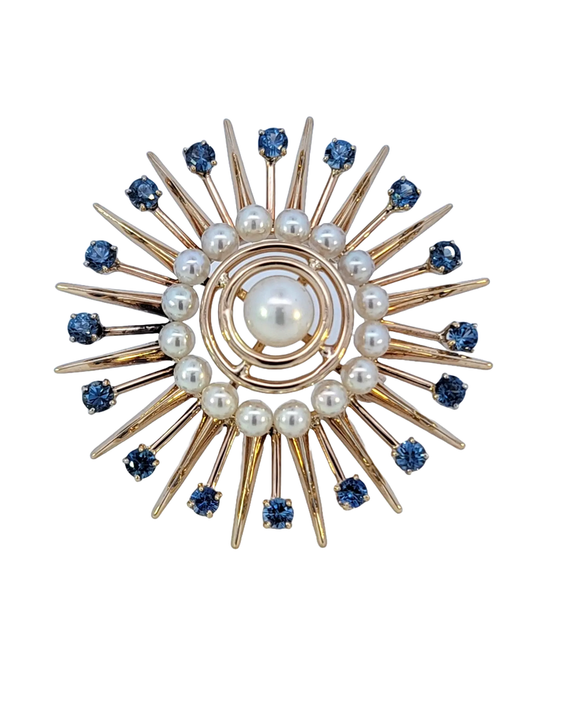 Midcentury Modern Starburst Pearl and Sapphire Brooch Estate Collection
