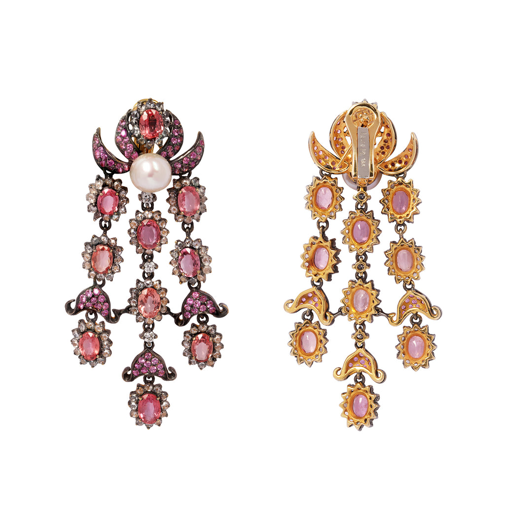 Front and back view of pink sapphire, pearl, and rose-cut diamond chandelier earrings in 18K gold.