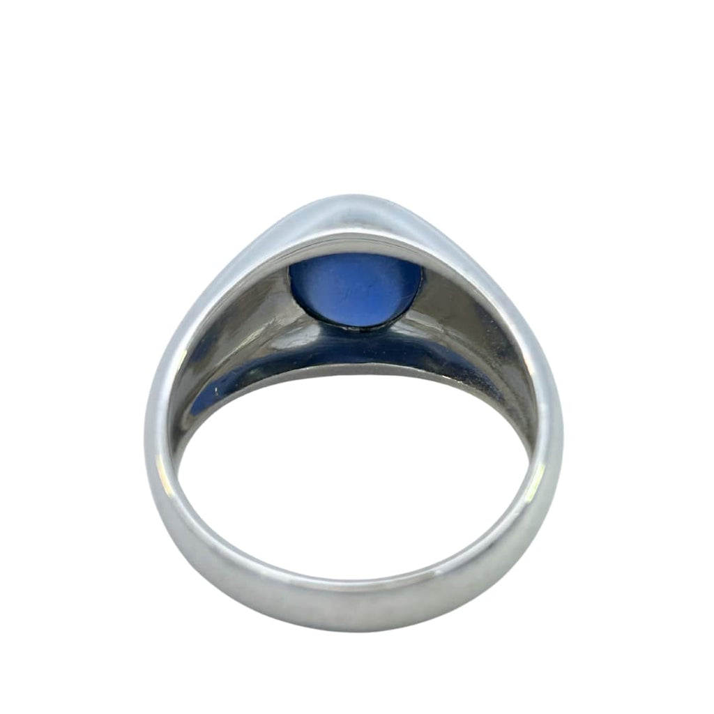 Interior view of platinum ring showing underside of sapphire setting