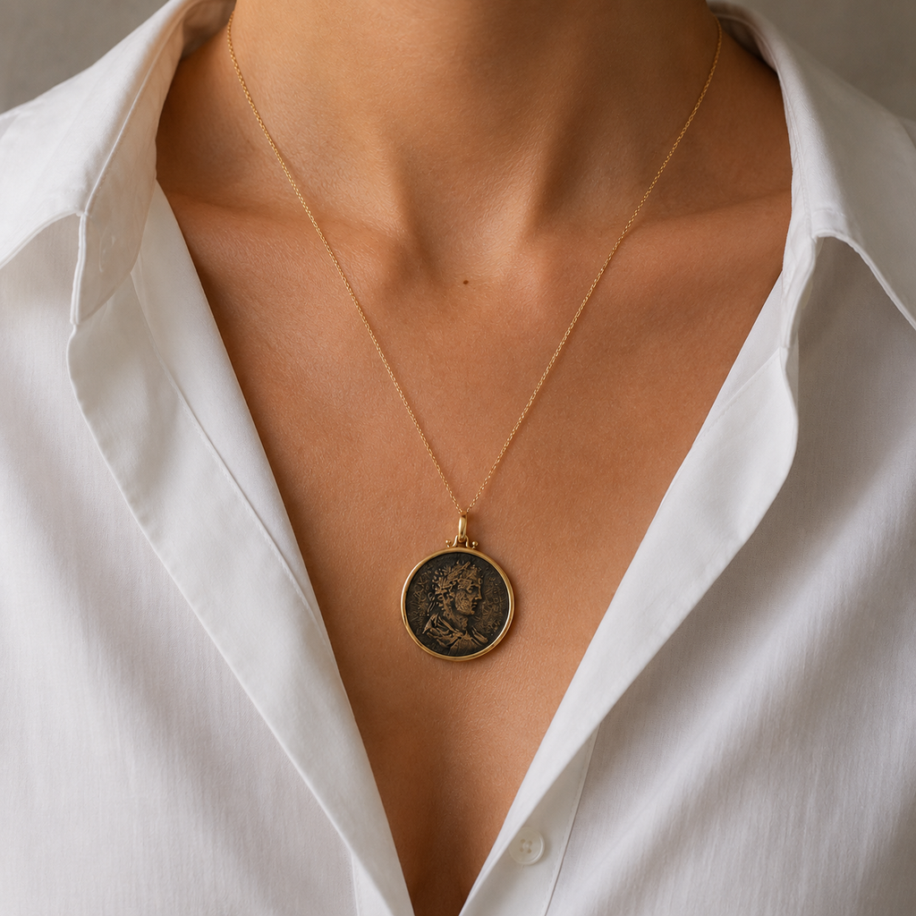 On model view of ancient Roman bronze coin pendant with profile bust in 14K gold bezel.