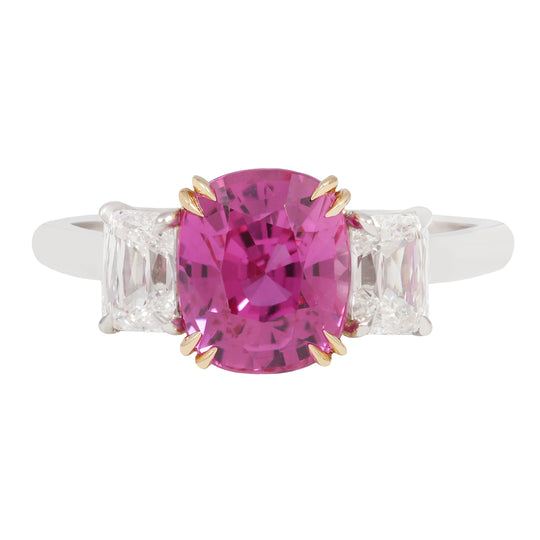 Pink Sapphire and Elongated Cushion Diamond Ring