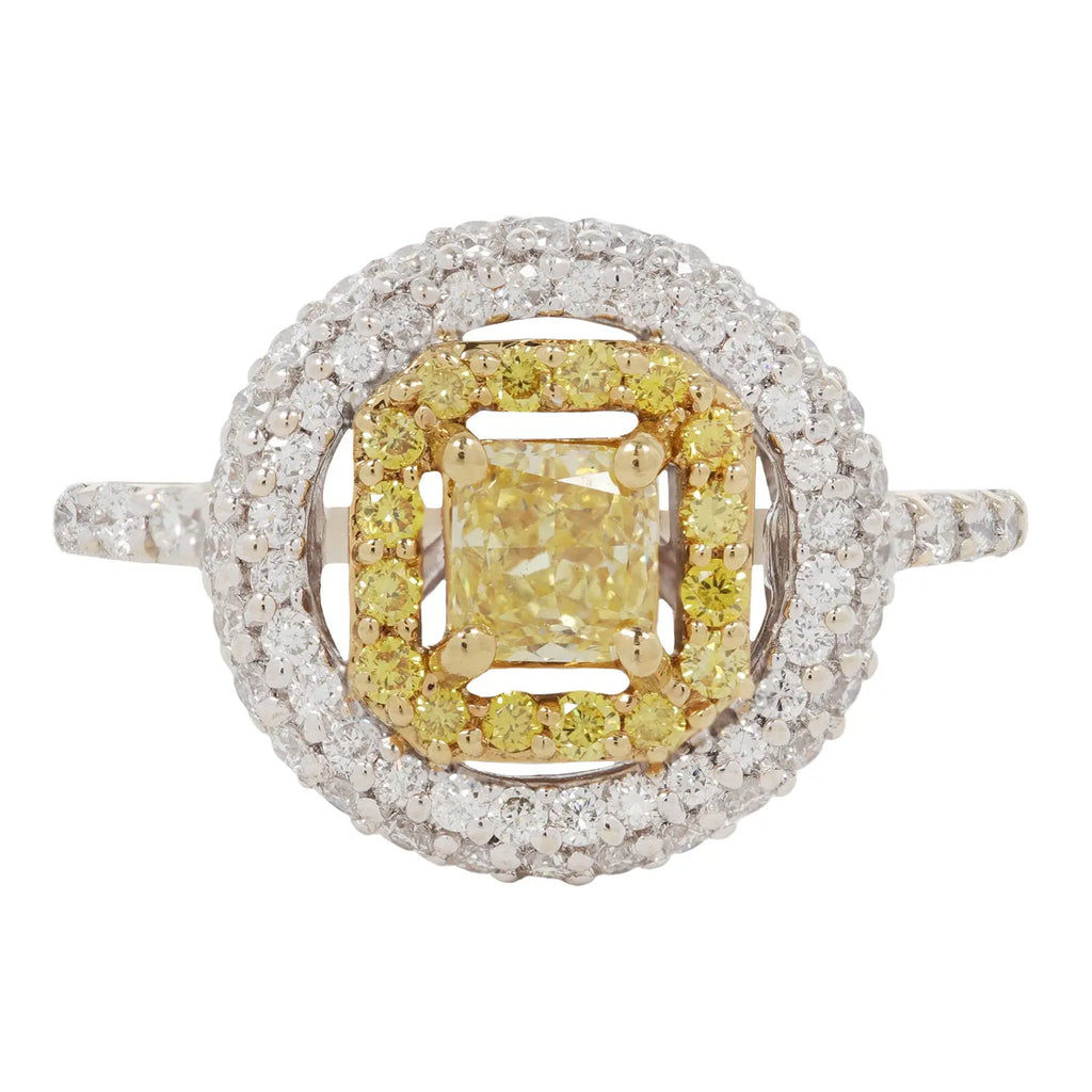 Fancy Yellow Cushion Diamond Double Geometric Halo Ring Estate Collection