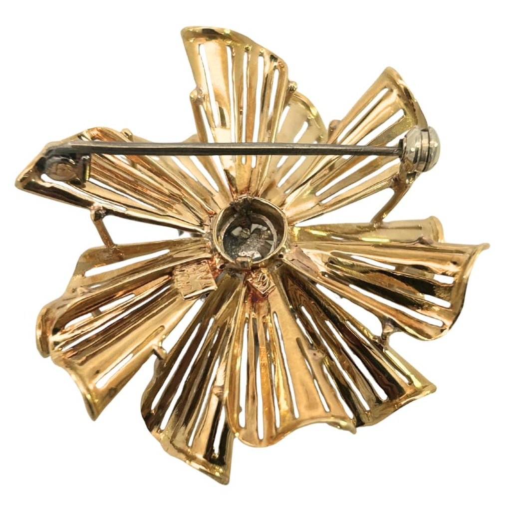 Back view of 15K yellow gold sapphire starburst brooch with pin clasp