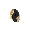 Angled side view highlighting the sculptural oval top, black onyx inlay, and diamond pavé detailing in 18k yellow gold.