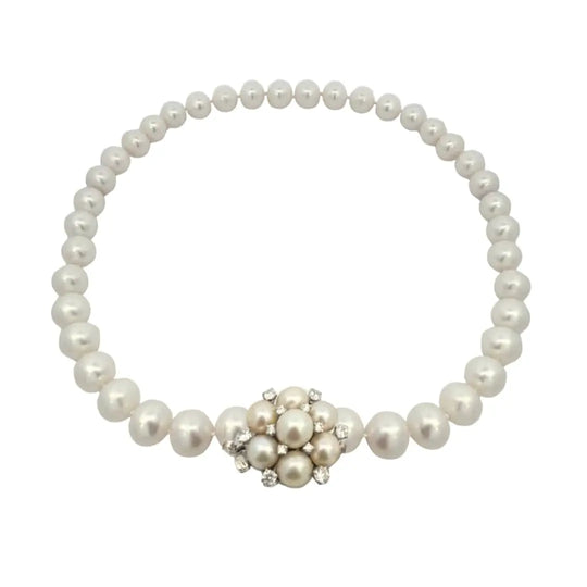 White Gold South Sea Pearl Strand Necklace with Diamond & Pearl Cluster Clasp