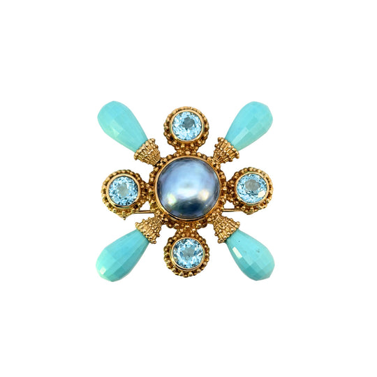 STEPHEN SWECK 18K Gold Turquoise, Blue Topaz and Gray Mabé Pearl Brooch