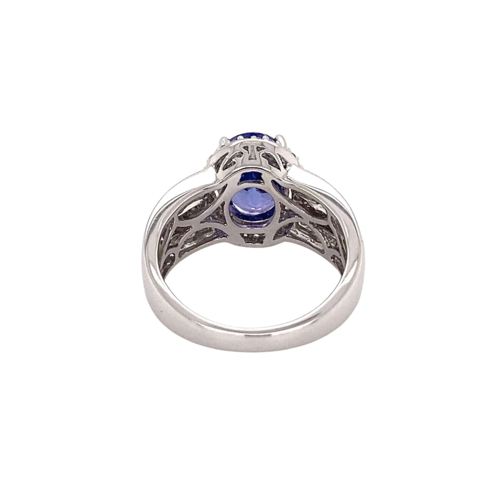 Rear view of tanzanite and diamond ring showing the open gallery and white gold band