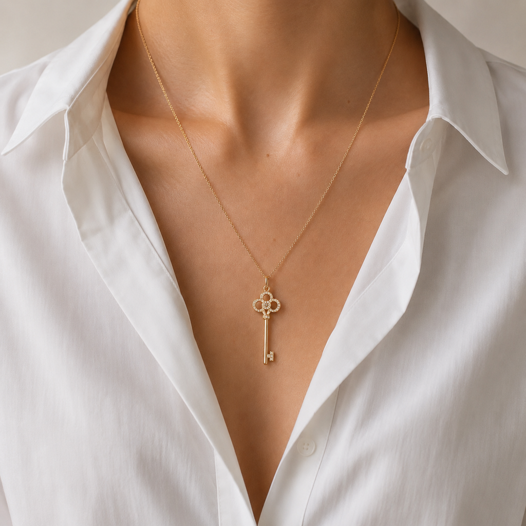 tiffany diamond crown key pendant 18k yellow gold on model