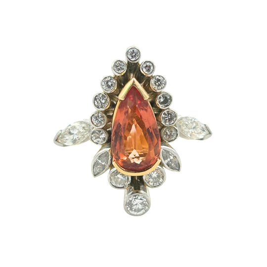 18K Yellow Gold and Platinum Pear Shape Orange Topaz and Diamond Ring