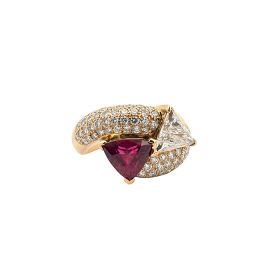 18K Gold Trillion Ruby and Diamond Bypass Ring