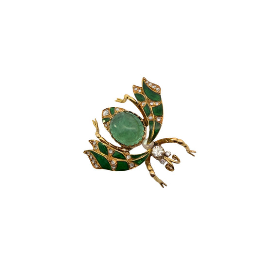 Victorian 18K Yellow Gold 11.00 Carat Emerald, Diamond, and Enamel Bug Brooch