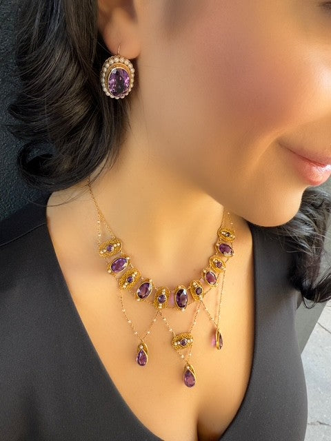 Victorian amethyst and pearl drop earrings worn on model