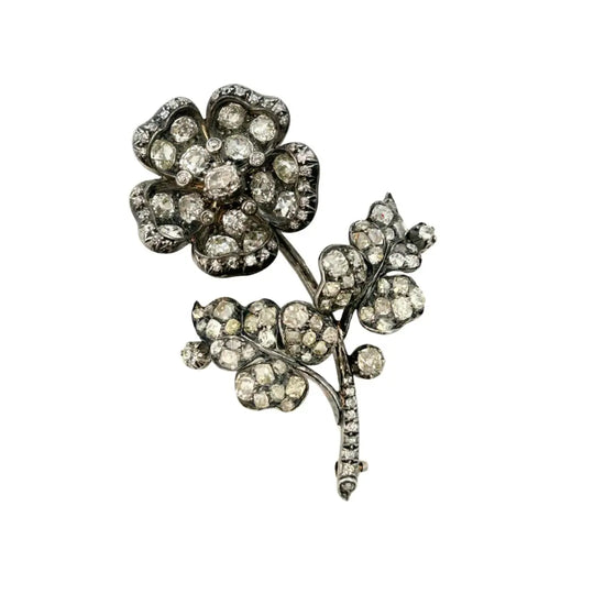 Victorian Diamond Flower Brooch Tremblant 11.48 CTW Old Mine Cut Silver Gold