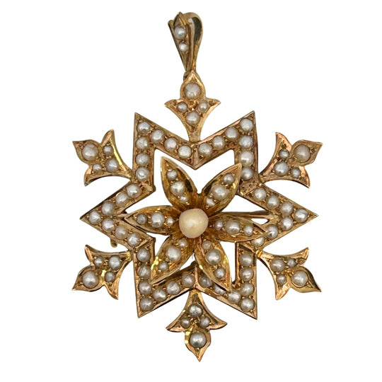 Victorian Yellow Gold Starburst Brooch Pendant with Natural Pearls