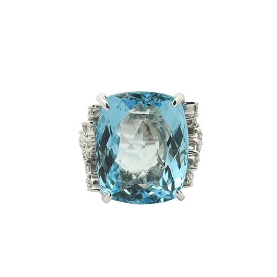 Vintage Aquamarine & Diamond Ring – 15.93 Carat Cushion Aquamarine, Platinum