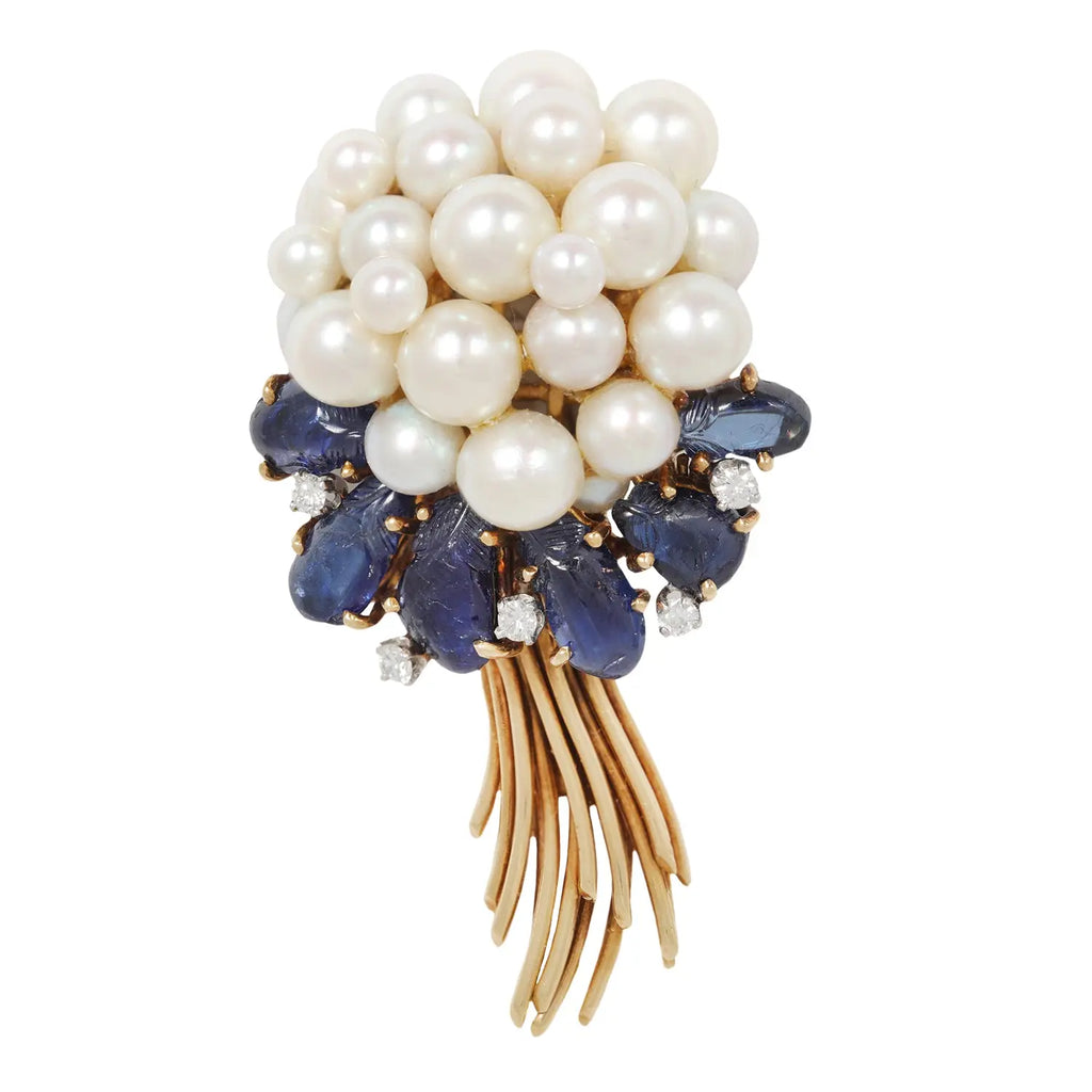 Vintage 18K gold pearl sapphire and diamond floral bouquet brooch