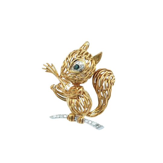 16K Yellow Gold Sapphire and Diamond Squirrel Brooch