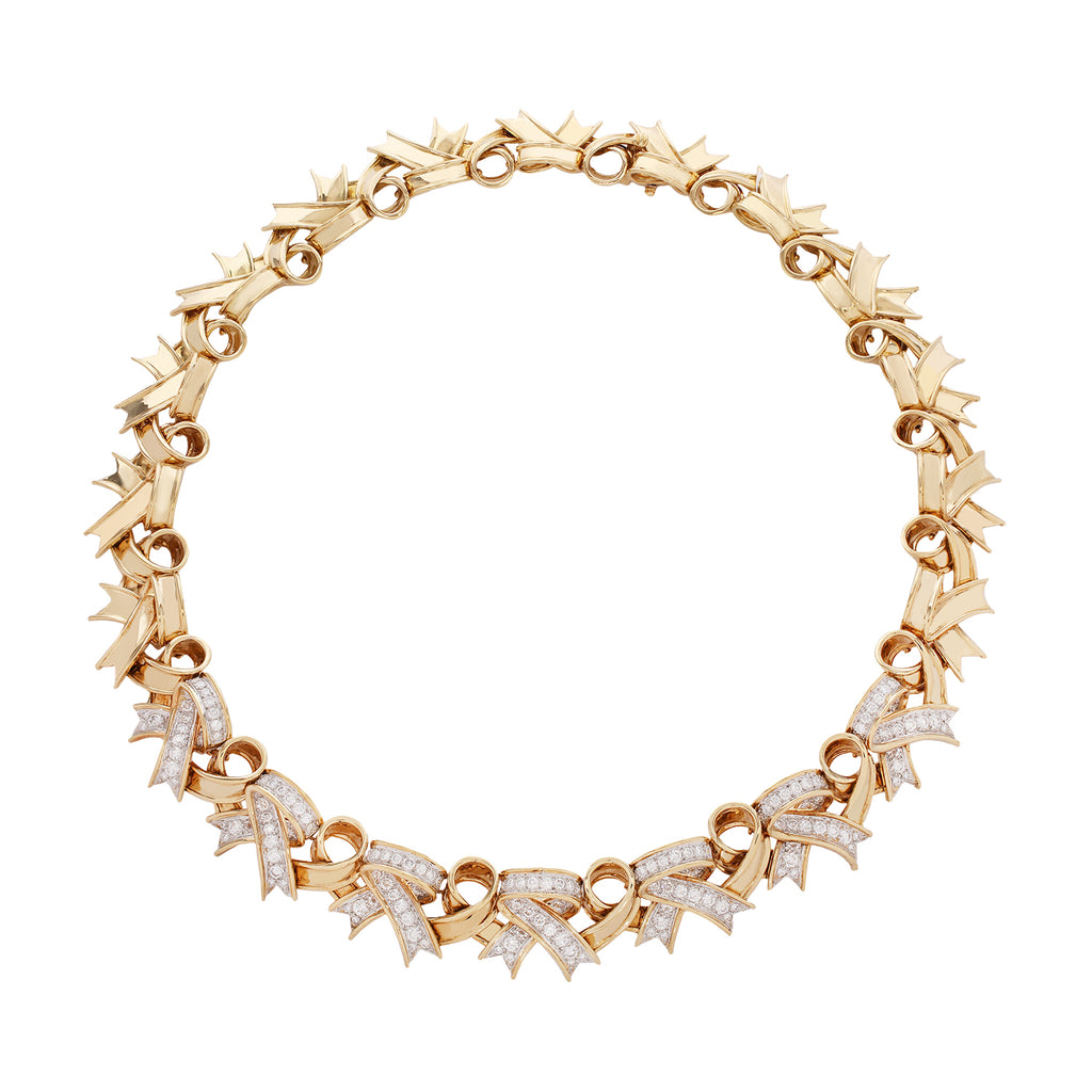 Vintage Tiffany & Co. "Ribbons" choker in 18K gold and platinum with 5.59 CTW diamonds, created in 1989. Full view