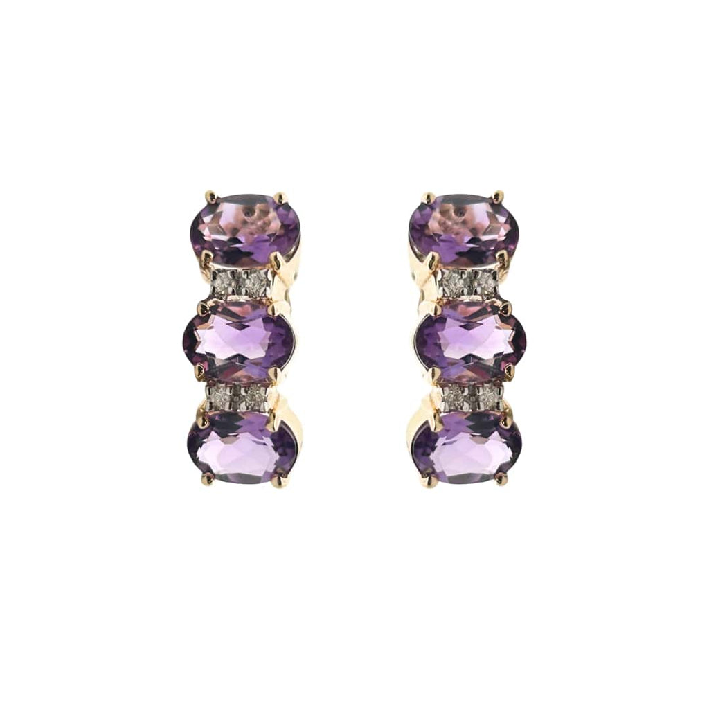 14k yellow gold half-hoop earrings featuring three oval amethysts and diamond accents.