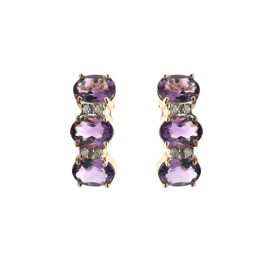 Amethyst and Diamond Half Hoop Earrings – 14k Yellow Gold