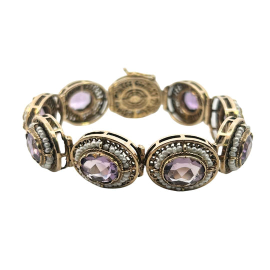 Victorian Amethyst and Seed Pearl Bracelet – 14k Yellow Gold Oval Link Design