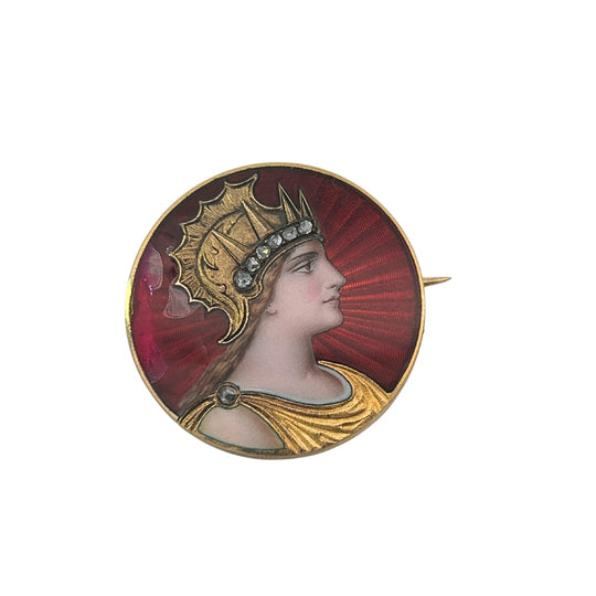 Antique Enamel Portrait Brooch Diamond-Set Warrior Helmet