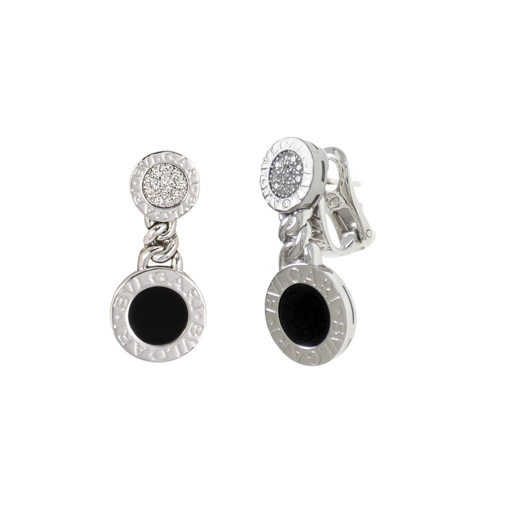 18k white gold Bvlgari drop earrings featuring pavé diamond tops and black onyx discs.
