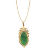 Front view of an oval carved mottled green jadeite pendant in a rope-textured 14k gold frame with wide bail.