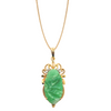 Front view of an oval carved mottled green jadeite pendant in a rope-textured 14k gold frame with wide bail.